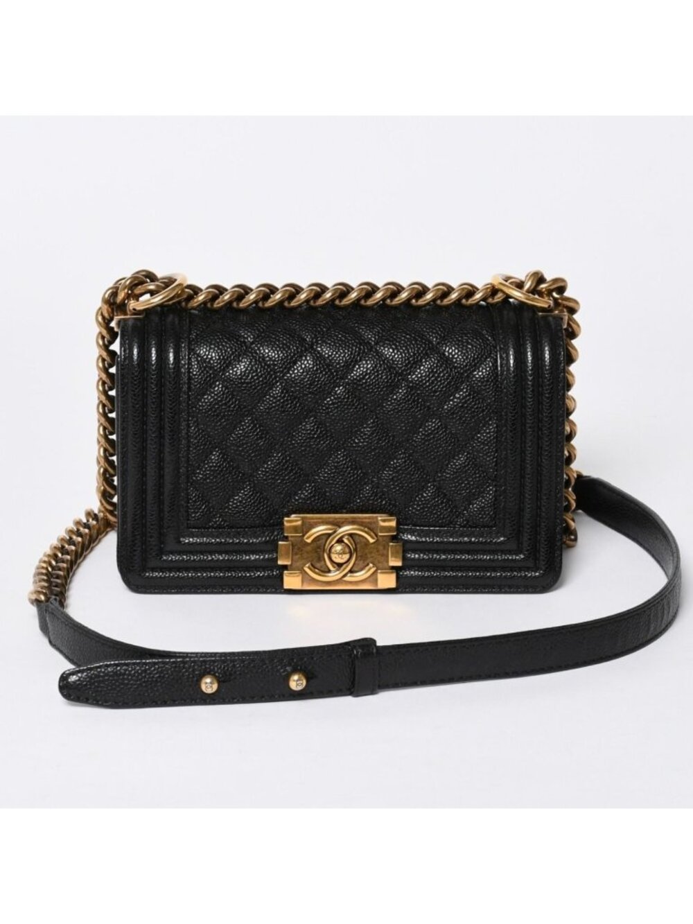 Chanel Boy Shoulder Bag Chain Caviar Leather CC Logo Black Gold
